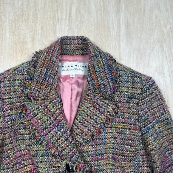 Trina Turk Multicolor Tweed Wool Blend Preppy Button Front Lined 6 Blazer Jacket - Picture 2 of 14